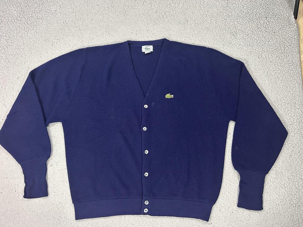 Vintage Izod Lacoste Sweater Mens XL Blue Acrylic Cardigan Logo Grandpa 70s